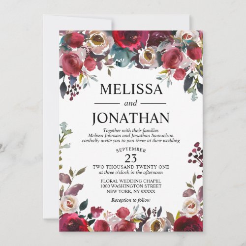 Elegant Watercolor Burgundy Floral Wedding Invitation