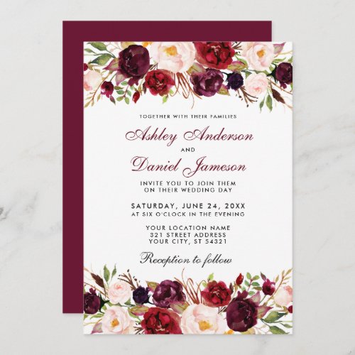 Elegant Watercolor Burgundy Floral Wedding Invitation
