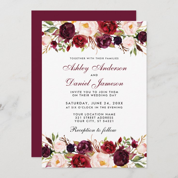 Elegant Watercolor Burgundy Floral Wedding Invitation | Zazzle