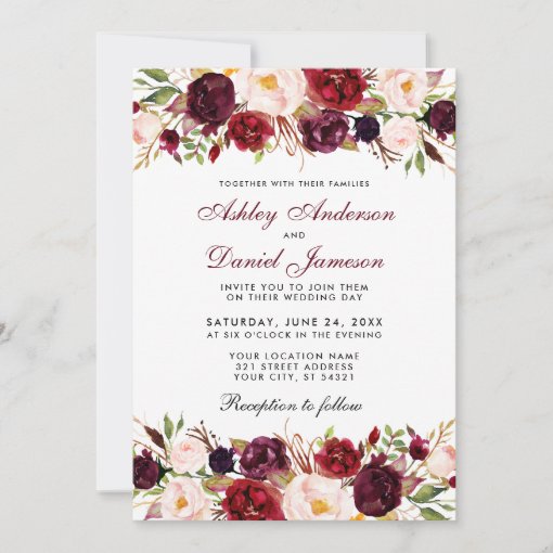 Elegant Watercolor Burgundy Floral Wedding Invitation | Zazzle