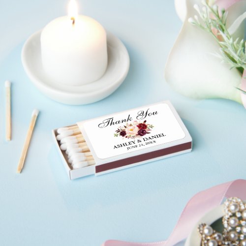 Elegant Watercolor Burgundy Floral Wedding Matchboxes