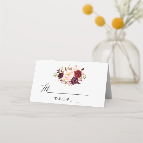 Elegant Watercolor Burgundy Floral Wedding Place Card