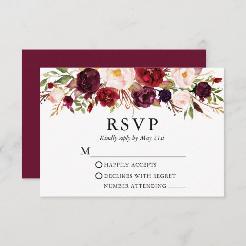 Elegant Watercolor Burgundy Floral Wedding RSVP Card