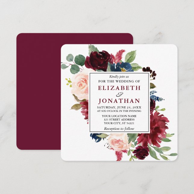 Elegant Watercolor Burgundy Floral Wedding Sq Invitation (Front/Back)