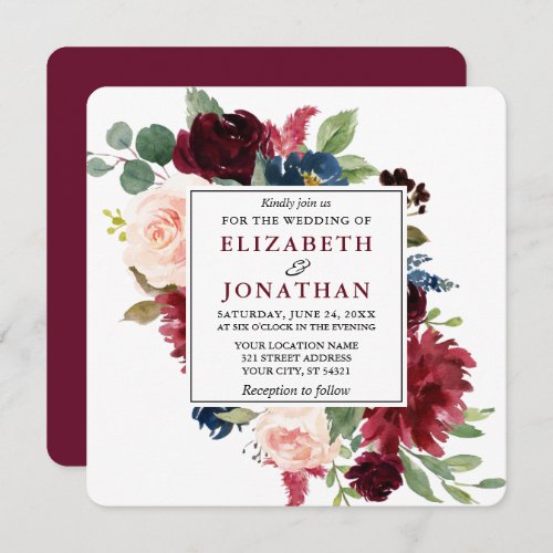 Elegant Watercolor Burgundy Floral Wedding Sq Invitation