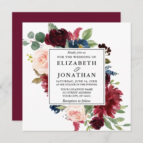 Elegant Watercolor Burgundy Floral Wedding Square Invitation