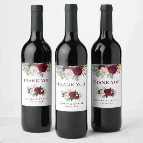 Elegant Watercolor Burgundy Floral Wedding Wine Label