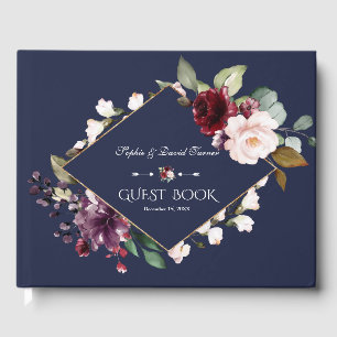 Elegant Watercolor Burgundy Flowers Navy Wedding Guest Book