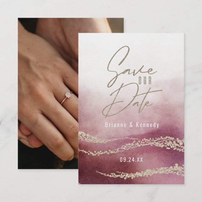 Elegant Watercolor Burgundy & Gold Save the Date (Front/Back)