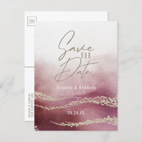 Elegant Watercolor Burgundy  Gold Save the Date Announcement Postcard