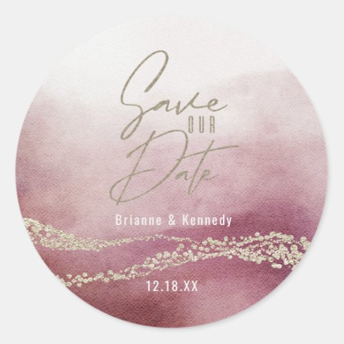 Elegant Watercolor Burgundy  Gold Save the Date Classic Round Sticker
