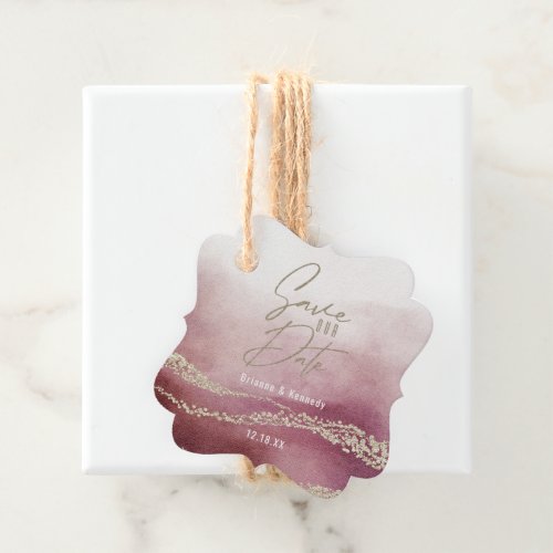 Elegant Watercolor Burgundy  Gold Save the Date Favor Tags