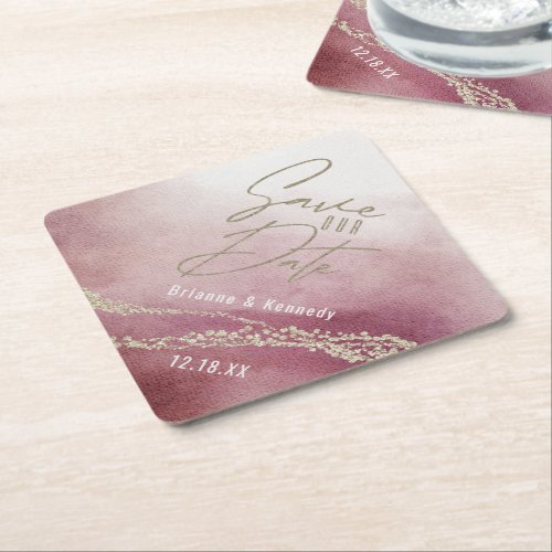 Elegant Watercolor Burgundy  Gold Save the Date Paper Coaster