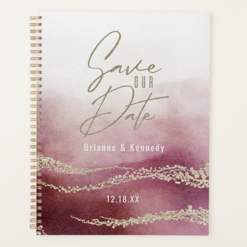 Elegant Watercolor Burgundy  Gold Save the Date Planner