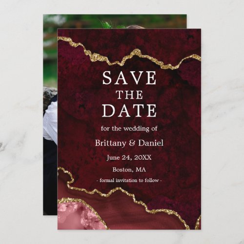 Elegant Watercolor Burgundy Marble Geode Photo Save The Date