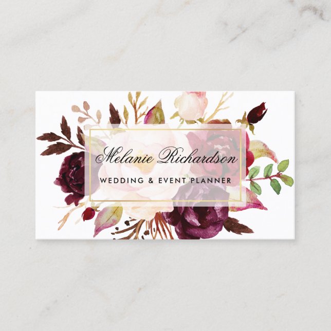 Elegant Watercolor Burgundy Marsala Floral Gold Business Card (Front)