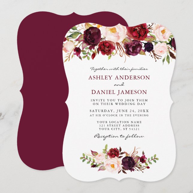 Elegant Watercolor Burgundy Pink Floral Wedding Invitation (Front/Back)