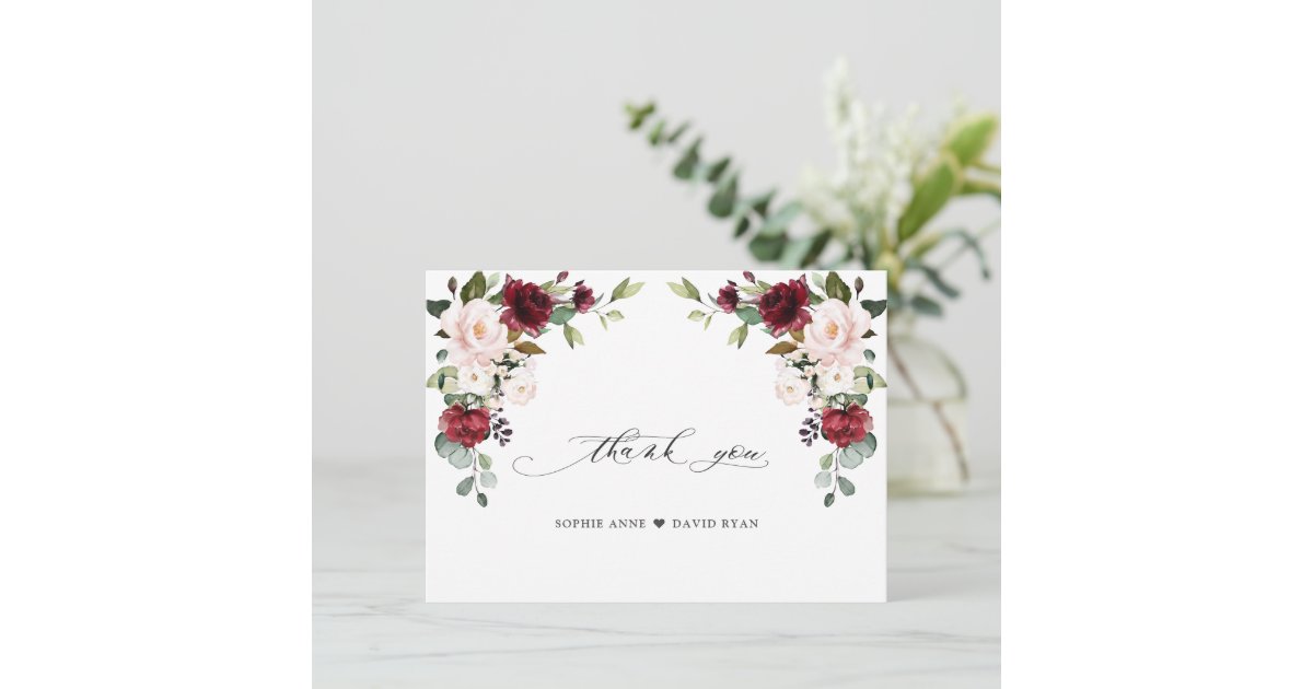 Elegant Watercolor Burgundy Pink Flowers Wedding Thank You Card | Zazzle