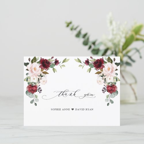 Elegant Watercolor Burgundy Pink Flowers Wedding   Thank You Card