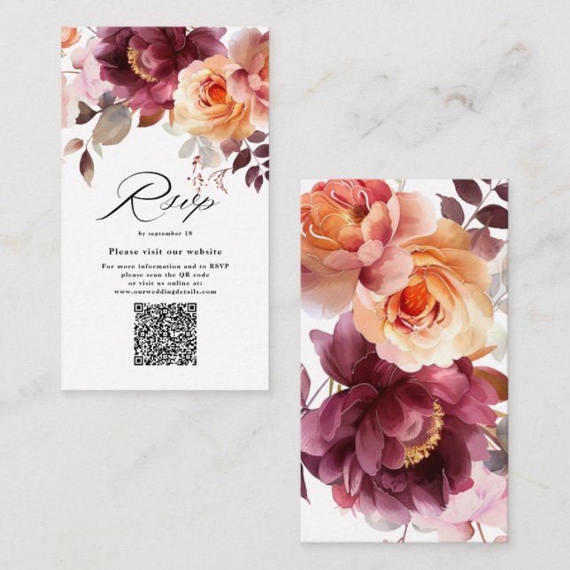 Elegant watercolor Burgundy  QR Code Wedding RSVP  Enclosure Card (Front/Back)