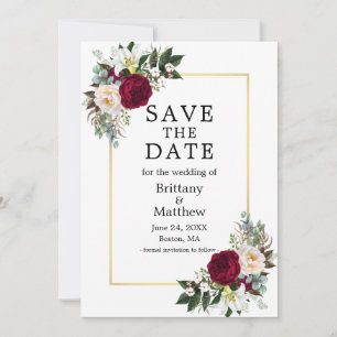 Elegant Watercolor Burgundy White Floral Gold Save The Date