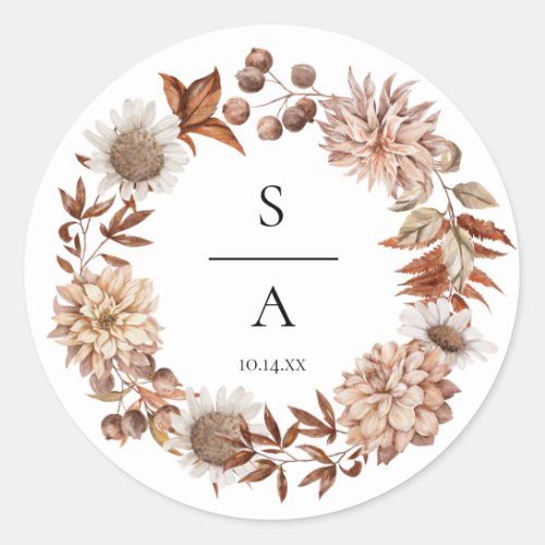 Elegant Watercolor Burnt Orange Floral Wedding  Classic Round Sticker