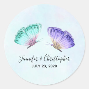Elegant Watercolor Butterfly Duo Wedding Classic Round Sticker