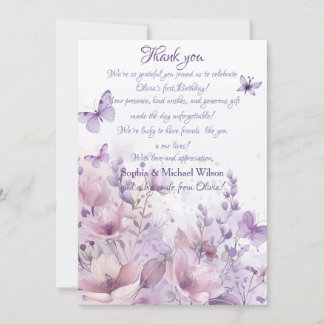 Elegant Watercolor Butterfly First Birthday Thank You Card