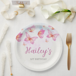 Elegant Watercolor Butterfly Girl 1st Birthday Paper Plates