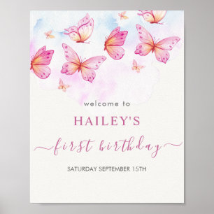 Elegant Watercolor Butterfly Girl 1st Birthday Poster