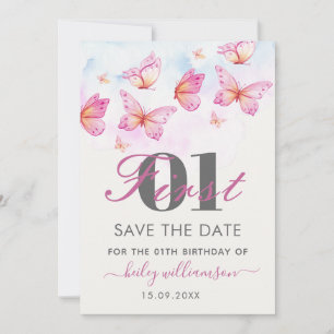 Elegant Watercolor Butterfly Girl 1st Birthday Save The Date
