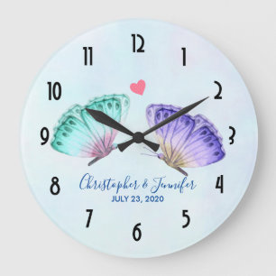 Elegant Watercolor Butterfly Pair Wedding Large Clock