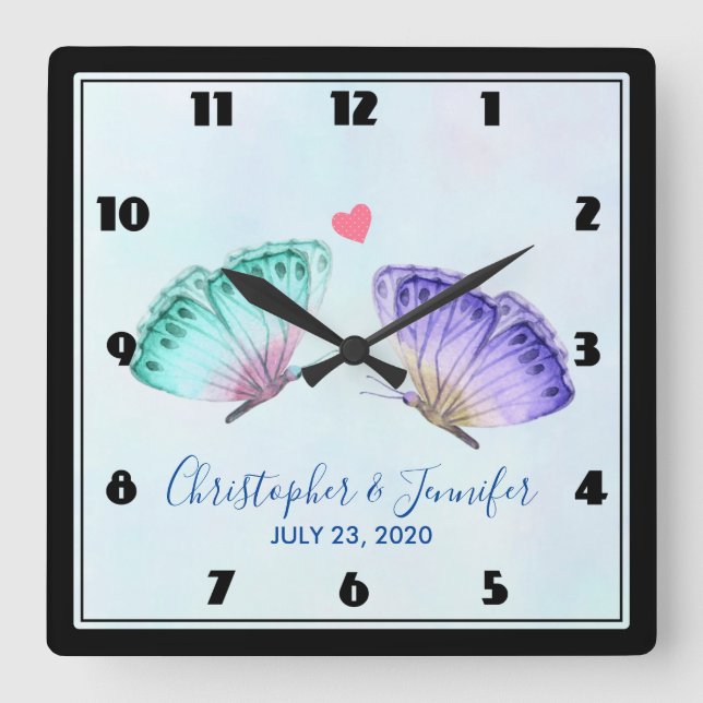 Elegant Watercolor Butterfly Pair Wedding Square Wall Clock (Front)