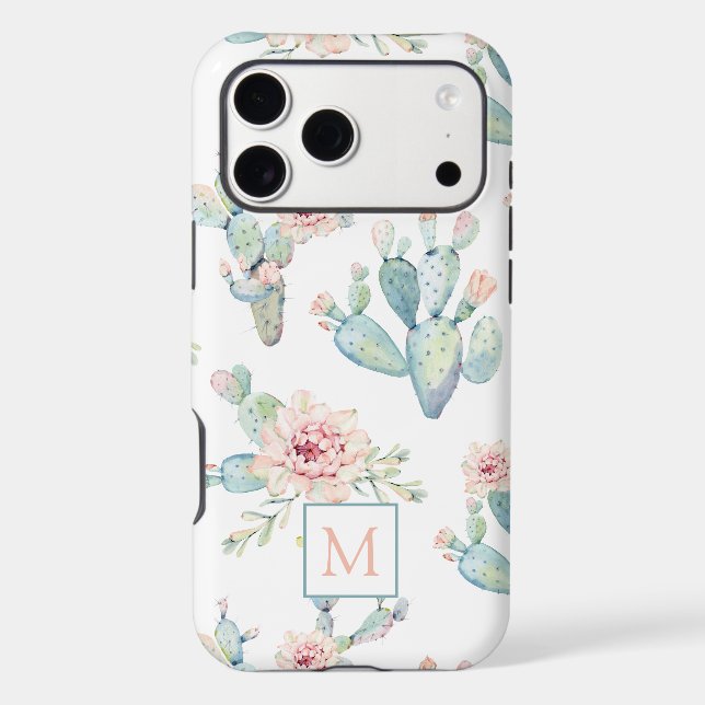 Elegant Watercolor Cactus Pattern Monogram Iphone Case (Back)