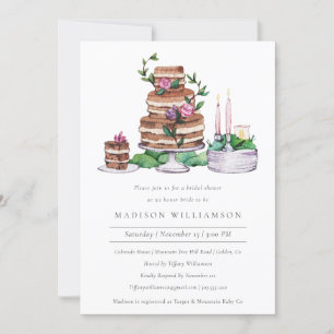 Elegant Watercolor Cake and Flowers Bridal Shower Invitation