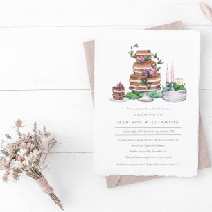 Elegant Watercolor Cake and Flowers Bridal Shower Invitation
