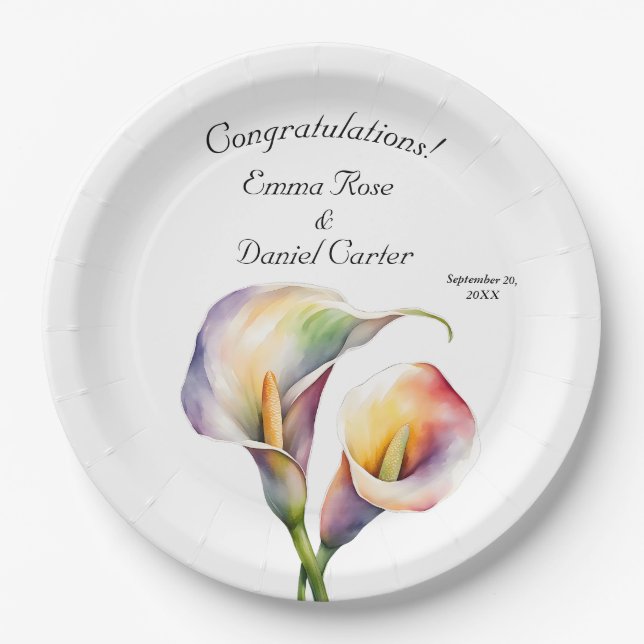 Elegant Watercolor Calla Lilies Romantic Floral Paper Plates (Front)