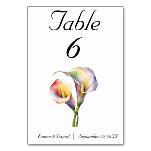 Elegant Watercolor Calla Lilies Romantic Floral Table Number