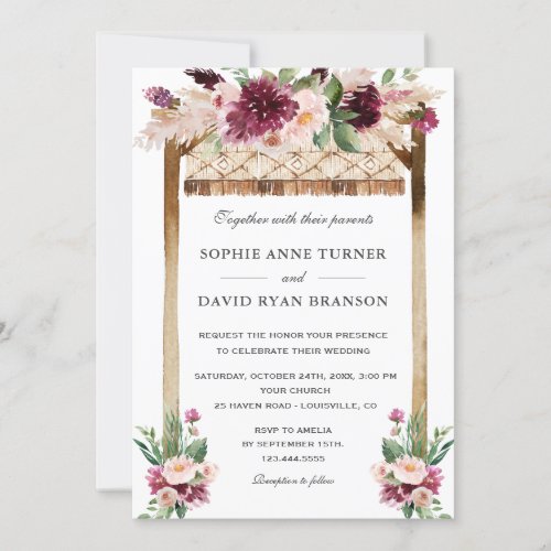 Elegant Watercolor Canopy Burgundy Flowers Wedding Invitation