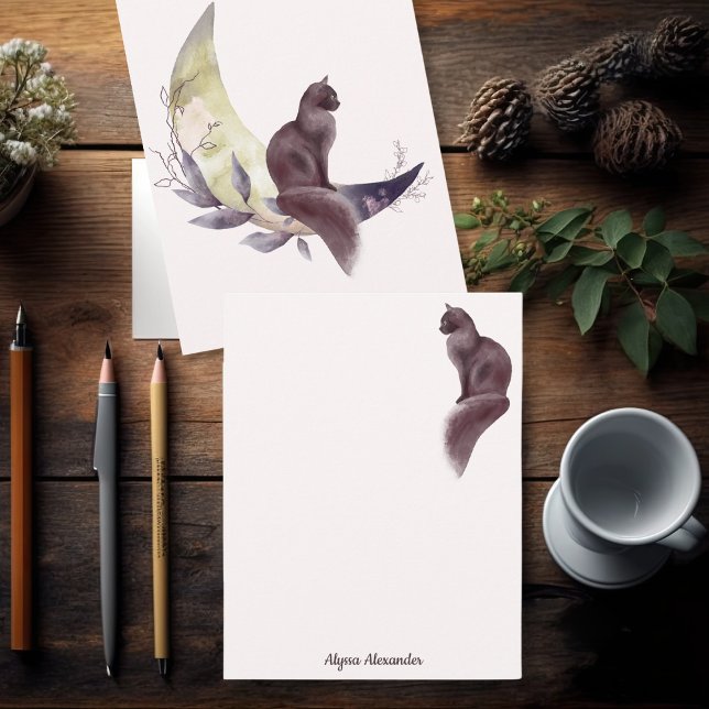 Elegant Watercolor Cat on Moon Girly Pink Note Card (Creator Uploaded)