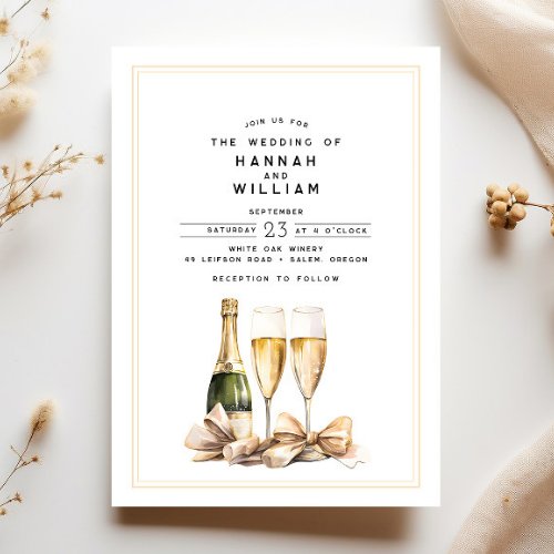Elegant Watercolor Champagne Bow Wedding Invitation