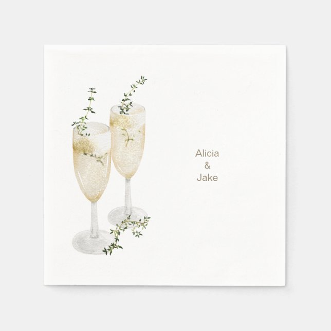 Elegant Watercolor Champagne Glasses Cocktail Napkins (Front)