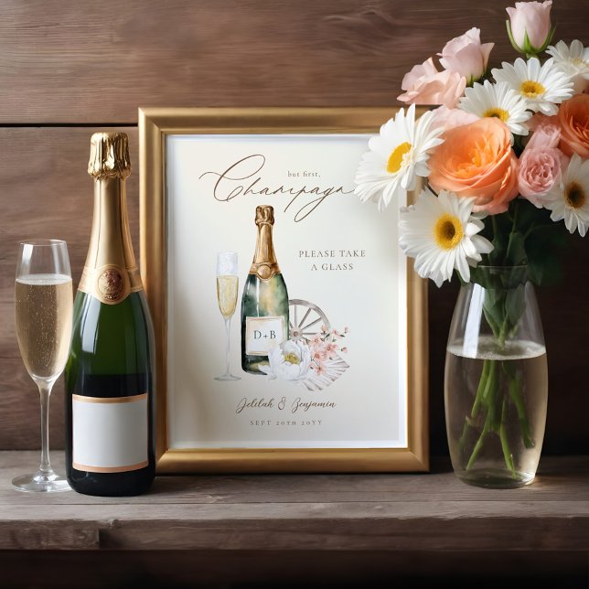 Elegant Watercolor Champagne Western Wedding   Poster (Elegant Watercolor Champagne Western Wedding Poster)