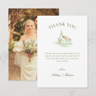 Elegant Watercolor Chapel Photo Thank You Card