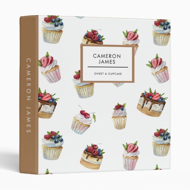 Elegant Watercolor Cheesecake & Cupcake Pattern 3 Ring Binder (Front/Spine)