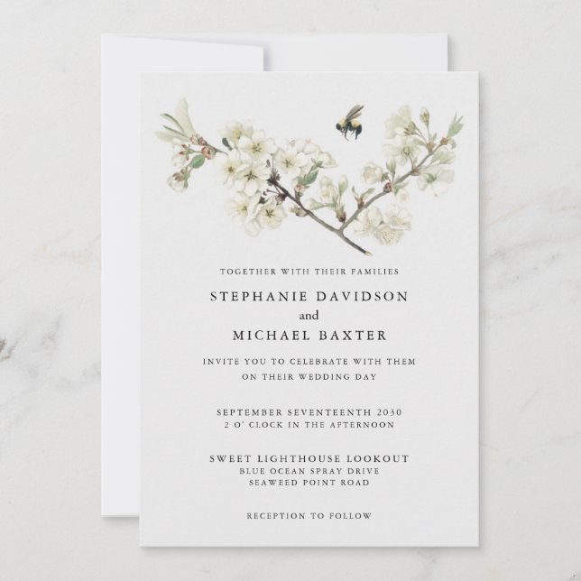 Elegant Watercolor Cherry Blossom Bee Greenery Invitation (Front)