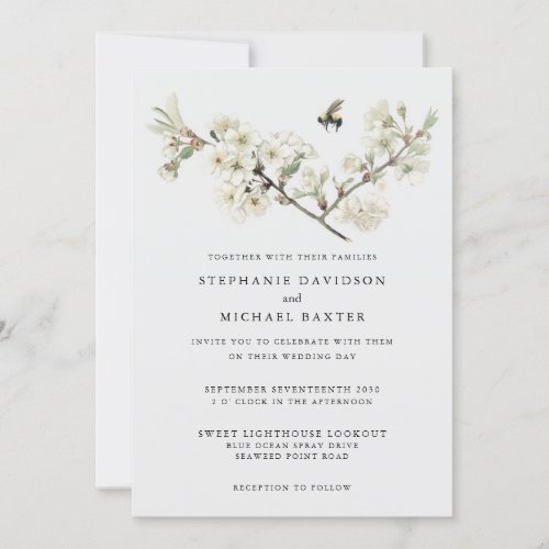 Elegant Watercolor Cherry Blossom Bee Greenery Invitation