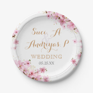 Elegant Watercolor Cherry Blossom Spring Wedding Paper Plates