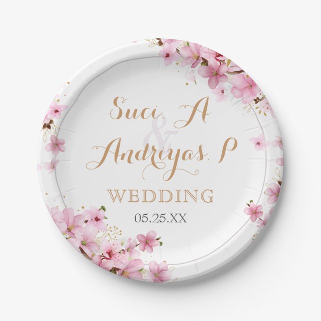 Elegant Watercolor Cherry Blossom Spring Wedding  Paper Plates (Front)