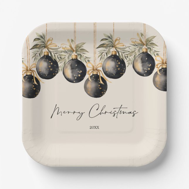 Elegant Watercolor Christmas Baubles Holiday Party Paper Plates (Front)